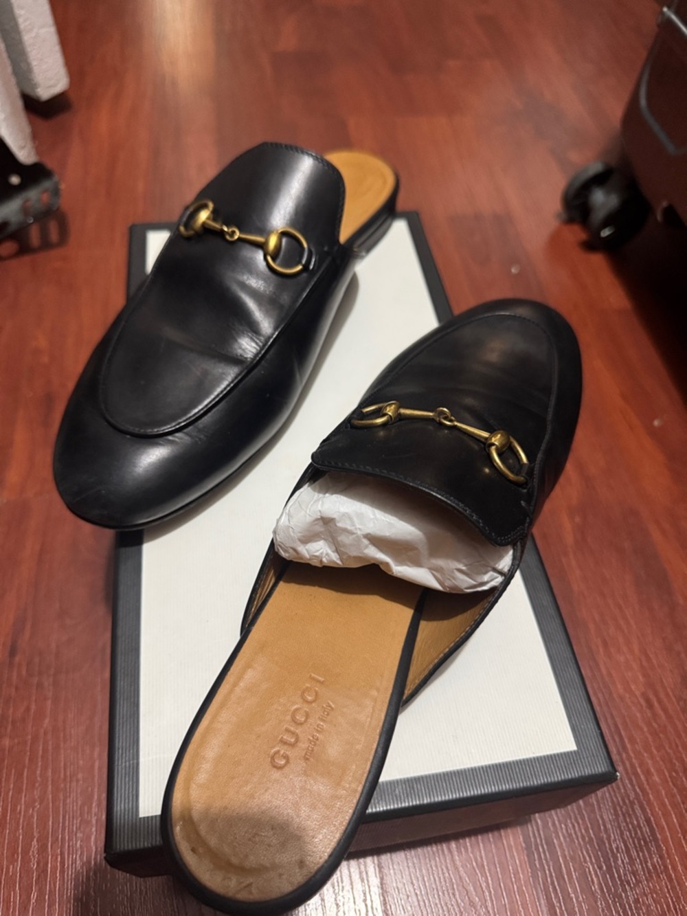 Gucci Black Leather Horsebit Slip-On Mules